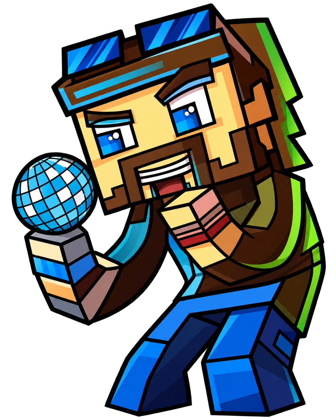 Illustrated DiscoMcDisco character holding a disco ball