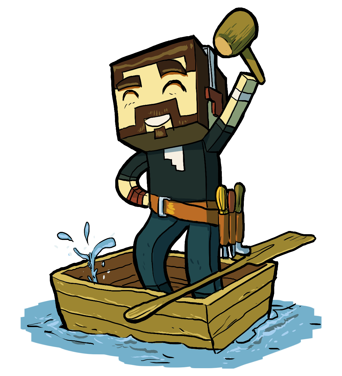 Illustrated Minecraft-style DiscoMcDisco character fishing from a wooden boat